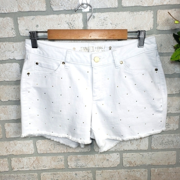 JENNIFER LOPEZ Gold Studded Stretch High Rise Denim Shorts White Size 4 - Picture 7 of 7